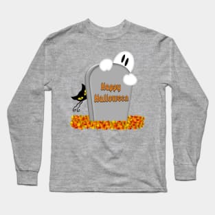 Halloween Cartoon Gravestone, Ghost, Cats & Fall Leaves Long Sleeve T-Shirt